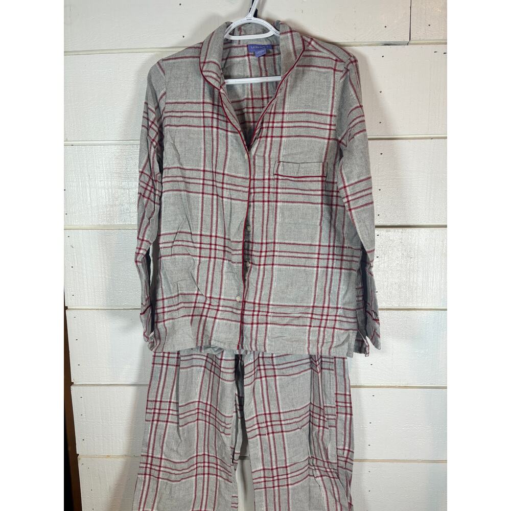 Laura Scott pajama set button top elastic pants womens M gray with red stripes